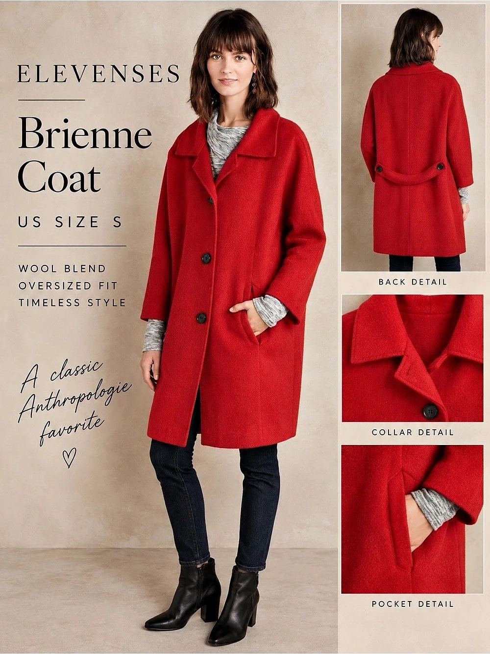 Anthropologie Elevenses Brienne Red Wool Blend Cocoon Coat Size S